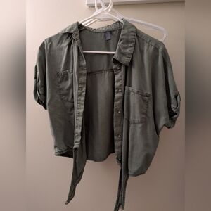 Olive Green Button-Up Crop Shirt